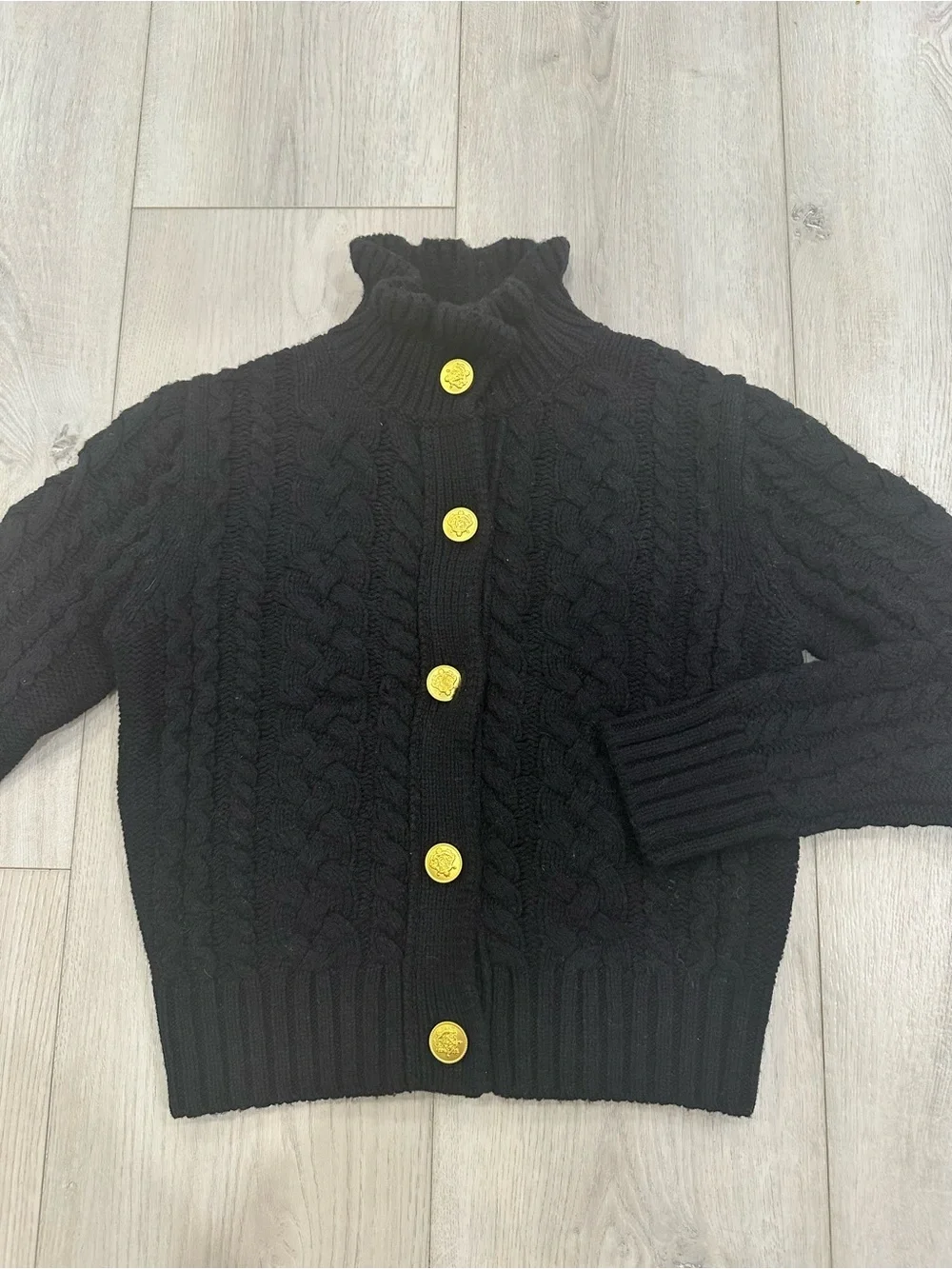 J.Crew Cable Knit Ruffleneck Cardigan Black Gold Buttons XS NWT